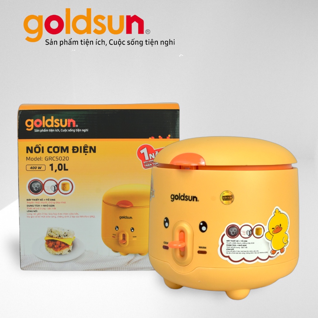 Nồi cơm điện mini nắp gài chống dính Goldsun GRC5020, Nồi cơm 1 lít hình vịt màu vàng Dùng 1-4 người Bảo hành 12 tháng