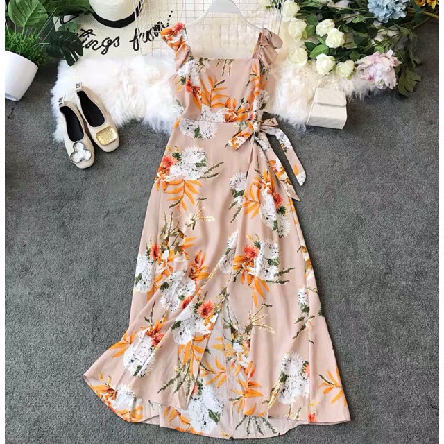 ☊❁2021  (Order) Đầm maxi 2 dây cánh tiên hở lưng, xẻ đùi trước hoạ tiết hoa sang chảnh - siêu phẩm hot hit hè 2019