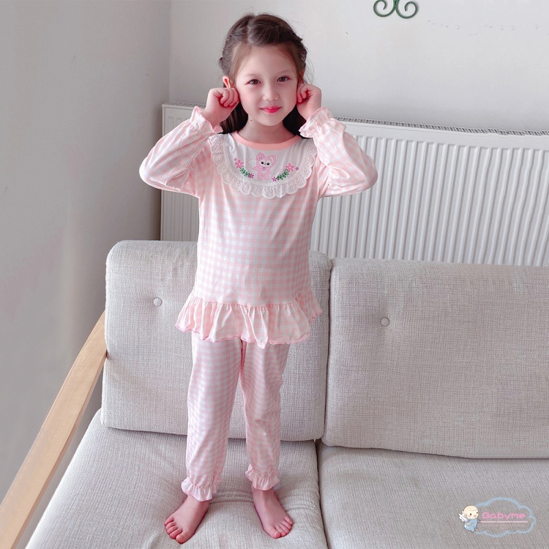 Bộ Đồ Ngủ 2 Món Áo + Quần Dài In Họa Tiết Caro Dễ Thương Thoải Mái Thân Thiện Với Da Cho Bé Gái