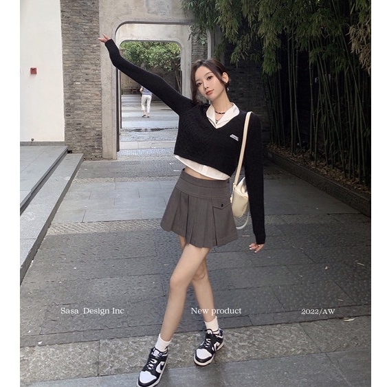HUANG YOYO  Áo sweater Dệt Kim Mỏng Dáng Rộng Tay Dài Cổ Gấp Phong Cách Hàn Quốc Thời Trang Mùa Thu Cho Nữ