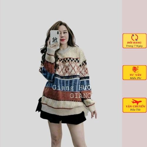 Áo len nữ vintage thổ cẩm dài tay oversize phom rộng ulzzang hàn quốc mùa thu đông