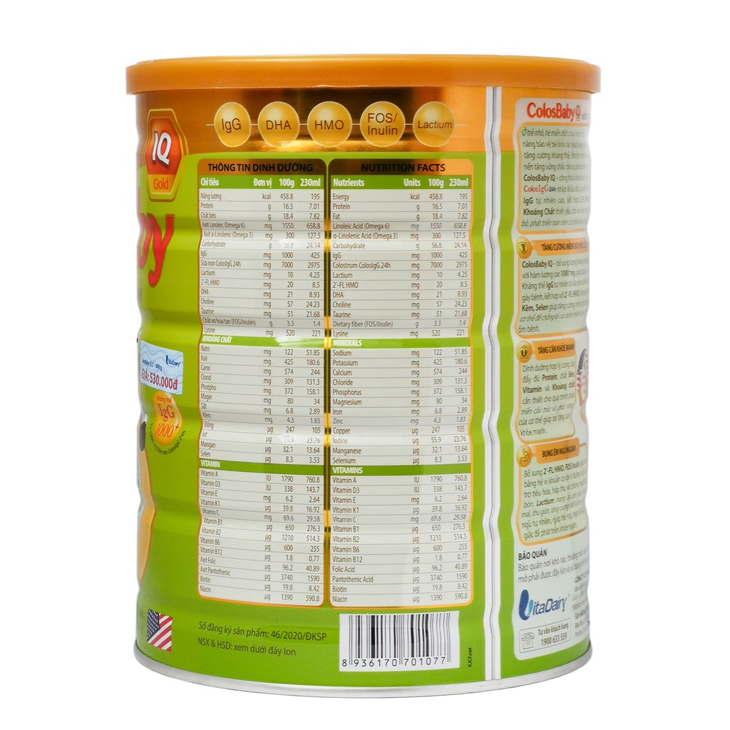 [CHÍNH HÃNG] Sữa Bột VitaDairy ColosBaby IQ Gold 2+ Hộp 800g (Miễn dịch khỏe, bé thông minh)