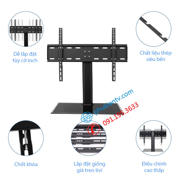 Chân đế tivi đa năng 32 - 43 - 49 - 55 inch - Chân tivi để bàn mặt kính cường lực - Lắp được mọi loại Tivi - Model: DZ55