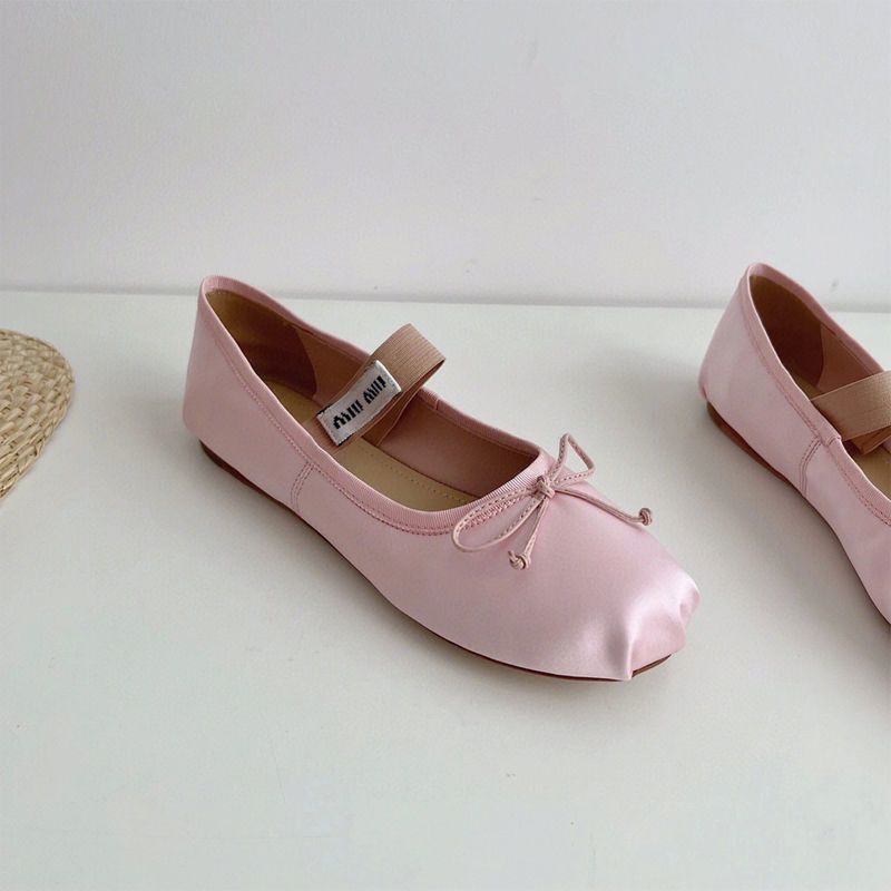Miu miu Giày Múa Ba Lê Đế Phẳng Mary Jane Một Gói Hàng Bằng Lụa Satin Đính Nơ Cho Nữ