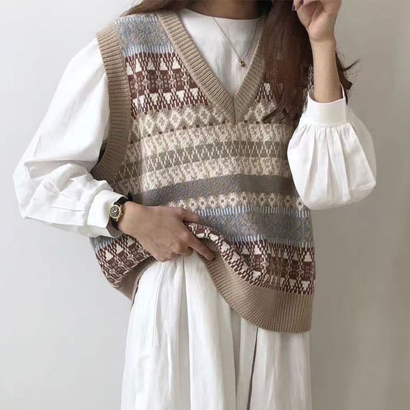 Áo Khoác Len Không Tay Cổ Chữ V Màu Sắc Retro Phong Cách Hàn Quốc Dành Cho Nữ