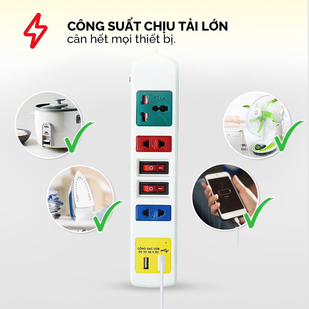 Ổ cắm điện đa năng có USB Honjianda Mã 03 Loại 2 công tắc Dây 3m - an toàn chống quá tải