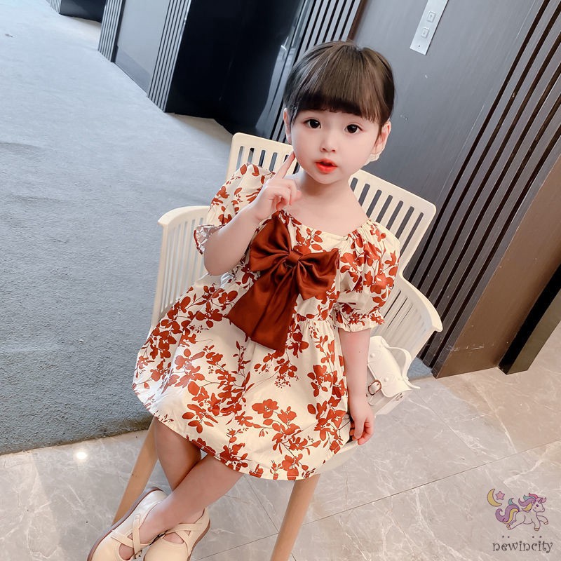 Đầm Công Chúa Cổ Vuông In Hoa Cho Bé Gái