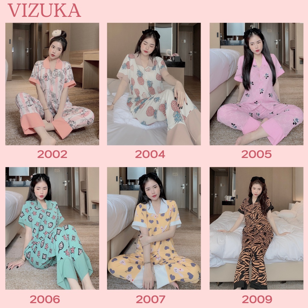 Đồ ngủ pijama nữ lụa cộc tay quần dài cổ sen hoạ tiết dễ thương VIZUKA