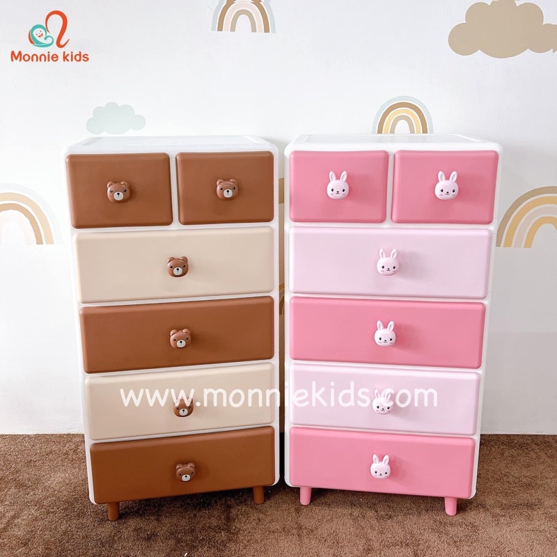 Tủ nhựa gấu thỏ 2 ngăn kéo cho bé 4-5 tầng, tủ đựng quần áo đồ dùng trẻ em - Monnie Kids