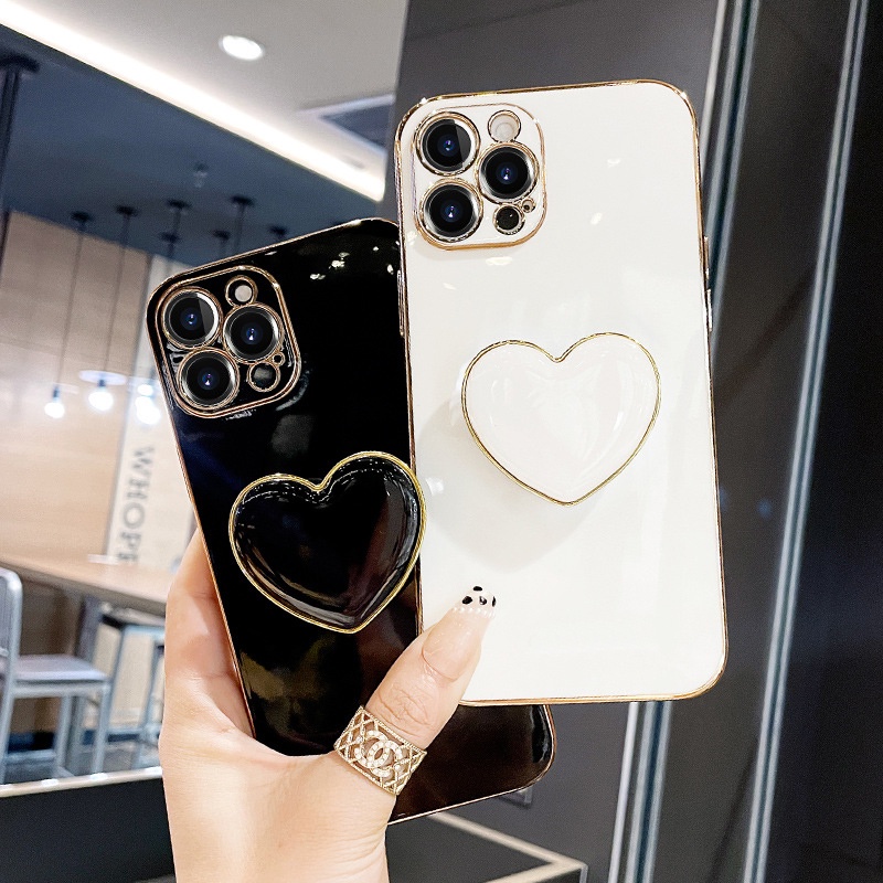Ốp Điện Thoại Viền Vuông Mạ Điện Kèm Giá Đỡ Hình Trái Tim Cho IPhone 13 12 11 Pro Max XS Max XR X 8 7 Plus