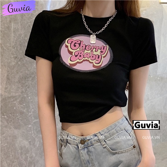 Áo Croptop Ôm Body Nữ CHERRY BABY Cổ Tròn Tay Ngắn, Áo Thun Croptop Kiểu In Họa Tiết GUVIA CR86