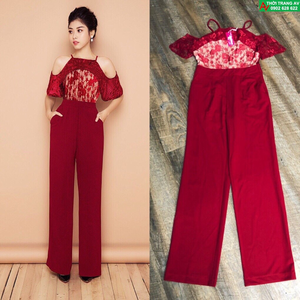 Jumpsuit - Đồ bay dài cổ yếm ống suông khoét vai phối ren đầy sang trọng - AV6197