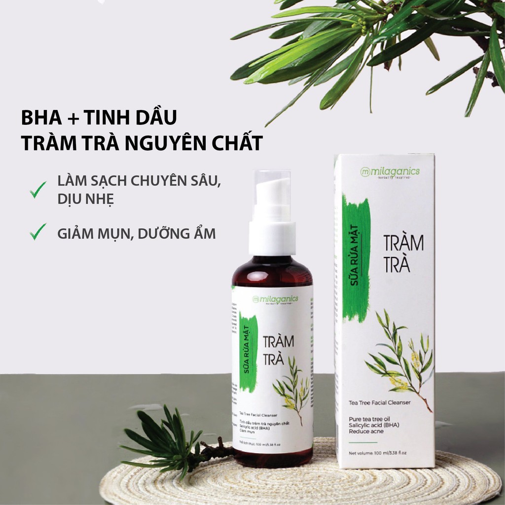 Sữa Rửa Mặt Ngừa Mụn Tinh Dầu Tràm Trà Dành Cho Da Mụn Nhạy Cảm MILAGANICS 100ml (Chai)