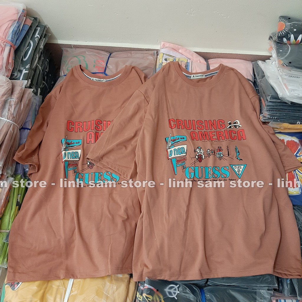 Áo thun tay lỡ nữ freesize phông form rộng Unisex, mặc lớp, nhóm, cặp in chữ Cruise AMERICAN-GUESS màu nâu | BigBuy360 - bigbuy360.vn