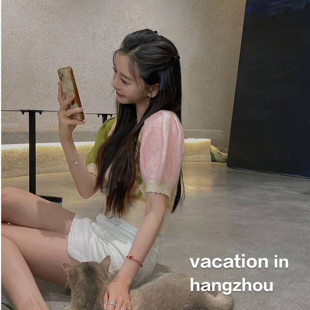 SUXI Áo Dệt Kim Tay Phồng Ngắn Cổ Chữ V Thời Trang Mùa Xuân Phong Cách Vintage Dễ Phối Đồ Cho Nữ