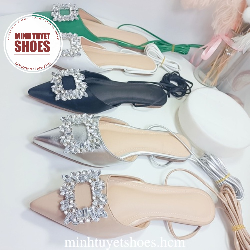 giày đế bằng mùa hè minhtuyetshoes sục nữ da bóng đính đá mẫu mới bền đẹp mũi nhọn sang chảnh