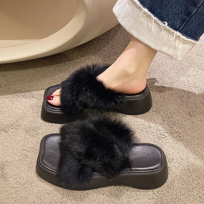 Dép Lông Xù Mũi Vuông Đế Dày Thời Trang Mùa Thu 2022 Mới Cho Nữ