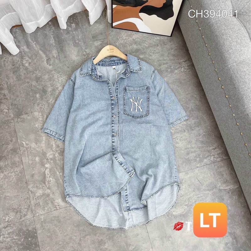 Áo sơ mi  tay lỡ  bò phom thụng đuôi tôm thêu chữ | BigBuy360 - bigbuy360.vn