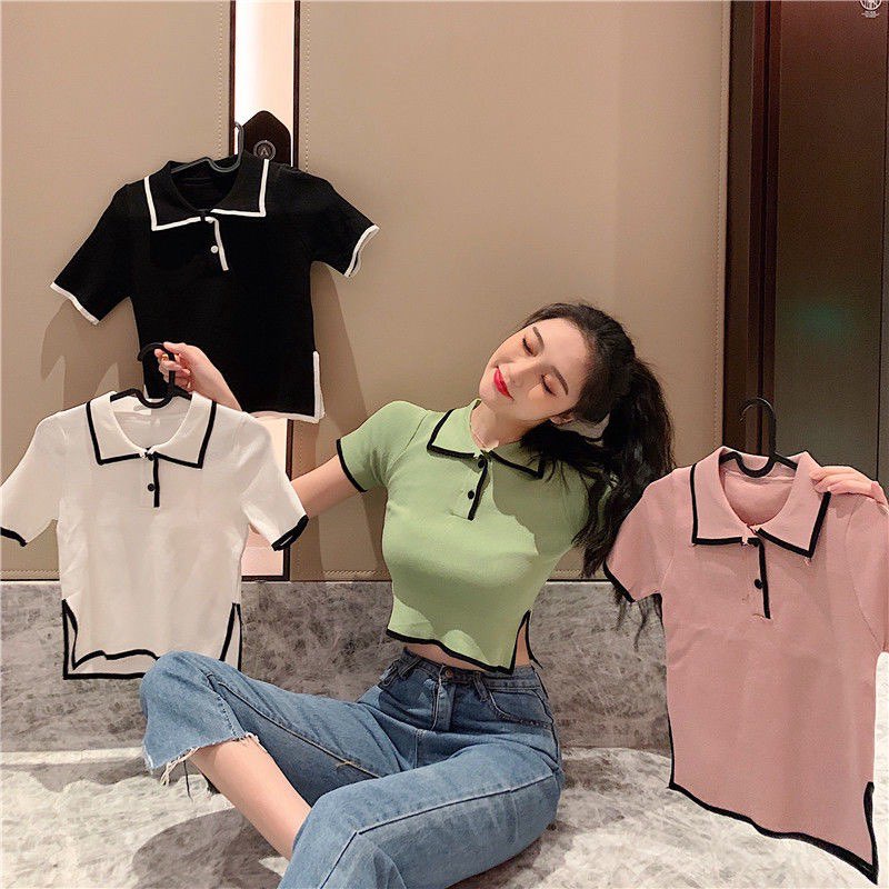 Áo Croptop Nữ Dệt Kim Ngắn Tay Cổ Sơ Mi Phối Viền Sọc Eo Xẻ Vạt Kiểu Cách Hàn Quốc Mẫu Mới