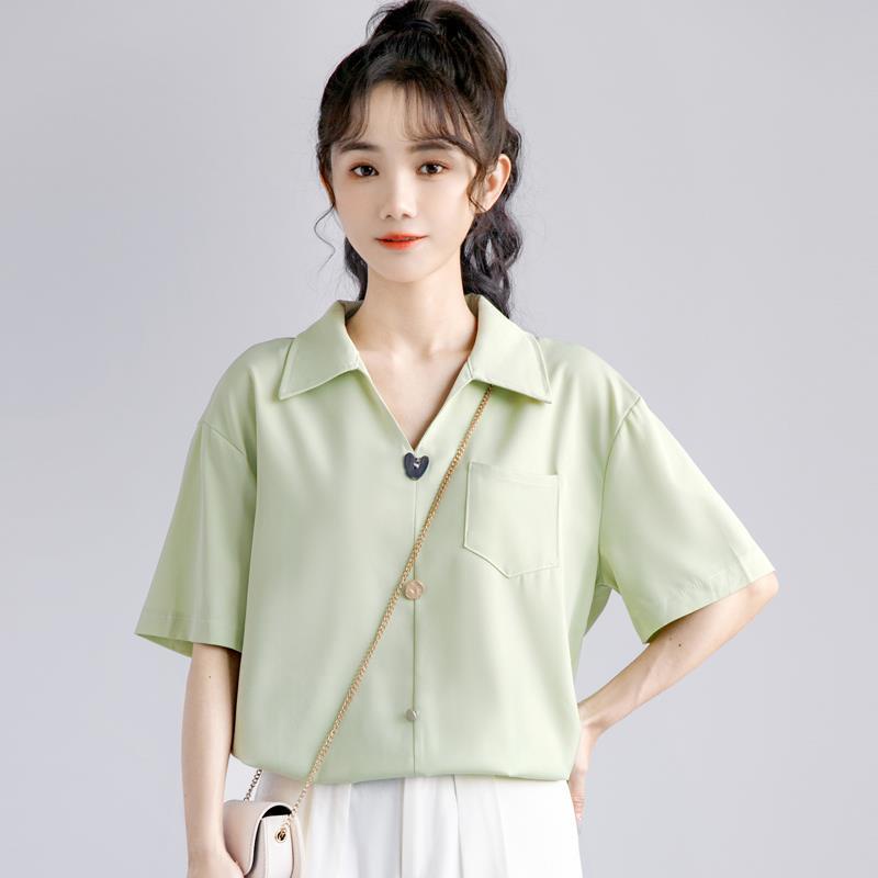 Áo Sơ Mi Chiffon Mỏng Tay Ngắn Dáng Rộng Cổ polo Màu Xanh Bạc Hà Thời Trang Mùa Hè Cho Nữ