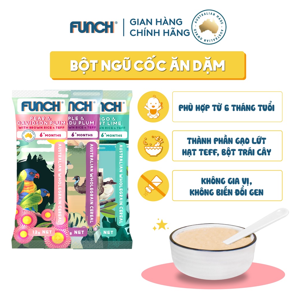 Bột Ăn Dặm Cho Bé Từ 6 Tháng FUNCH Ngũ Cốc Nguyên Cám Gạo Lứt Hạt Teff Trái Cây dạng gói tiện lợi 12g