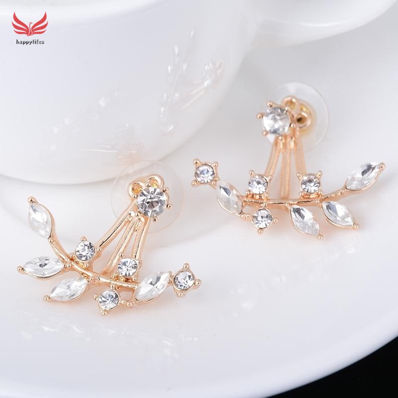 ☪HL♬ Double Sided Swing Stud Earrings Gold Plated Leaf Crystal Ear Jacket Gift Fashion 