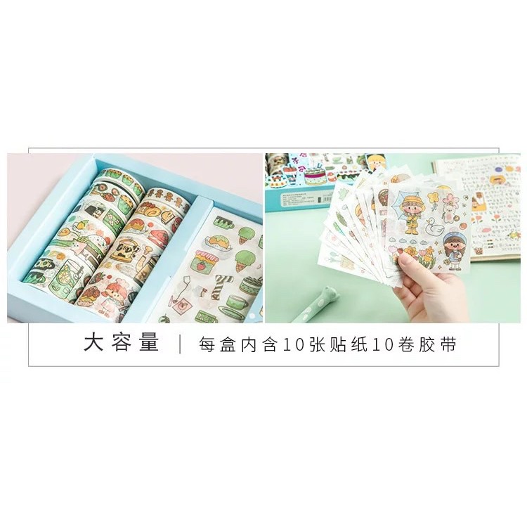 Hộp 10 cuộn washi và 10 tấm sticker dán trang trí