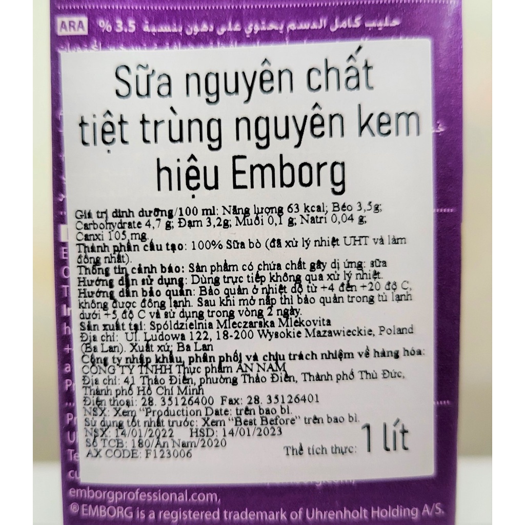 [Hộp 1 Lít] SỮA TƯƠI NGUYÊN CHẤT TIỆT TRÙNG NGUYÊN KEM [Poland] EMBORG UHT Full Cream Milk (halal)