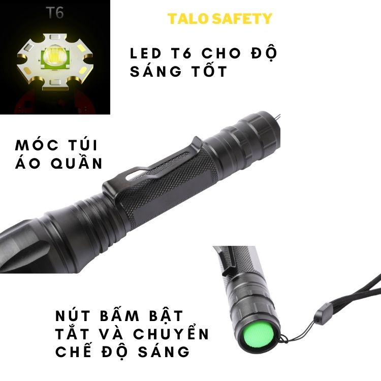 Đèn pin cầm tay siêu sáng chip led T6, sử dụng 2 pin sạc 18650 có zoom chống nước