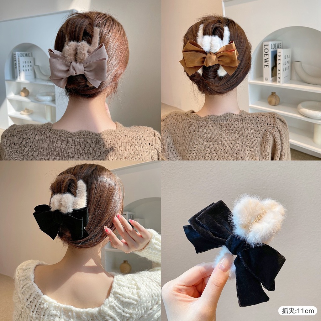 Kẹp Tóc Nơ Phủ Lông Tua Rua Thời Trang Hàn Quốc Cho Nữ 2021