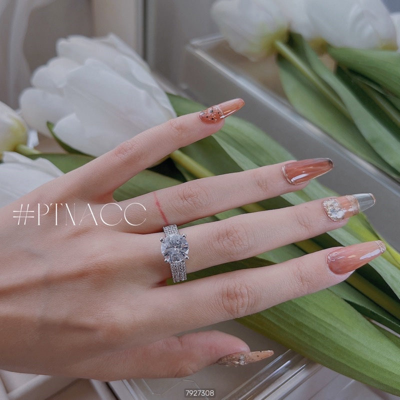 Nhẫn xi bạch kim đơn giản, nhẫn nữ đá tròn basic .PTNACC.