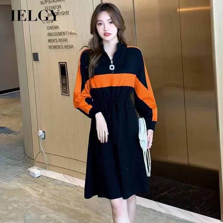 Đầm IELGY cổ lọ dáng rộng màu sắc tương phản thời trang dành cho nữ