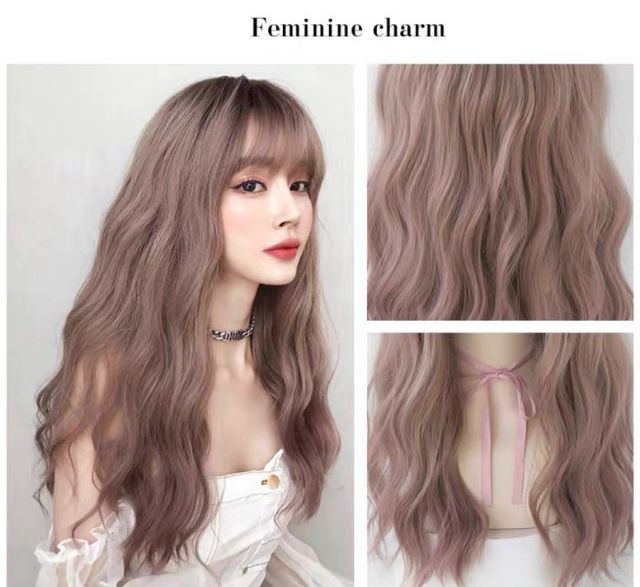 Tóc giả nguyên đầu xù omber ❤️❤️ FREESHIP ❤️❤️ nguyên đầu xù omber hồng khói chân đen