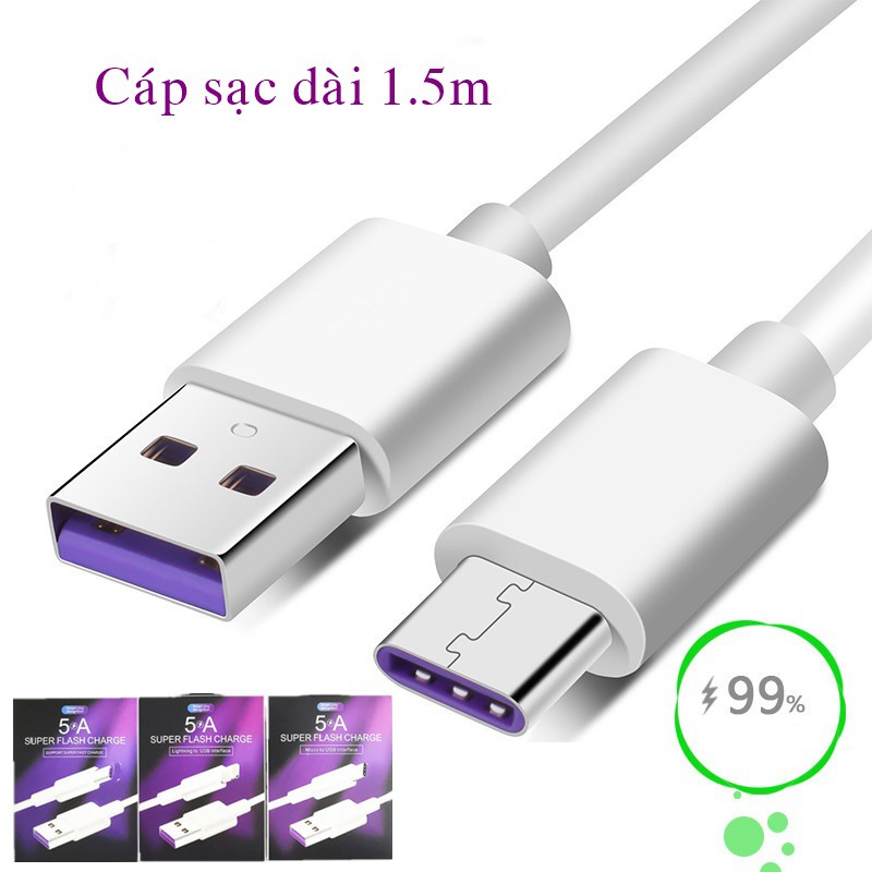 Cáp sạc nhanh chính hãng 5A dùng cho điện thoại Iphone, Android, Type-C, dài 1.5m
