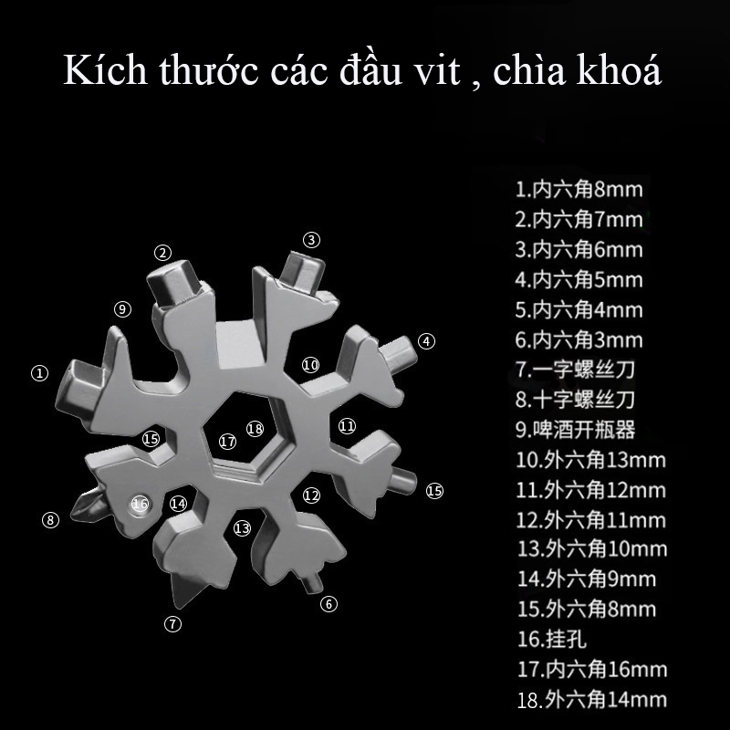 Móc chìa khóa hình bông tuyết - 66mm , 68g -  tích hợp sẵn 18 dụng cụ tua vít , cờ lê , lục giác , mở nắp bia