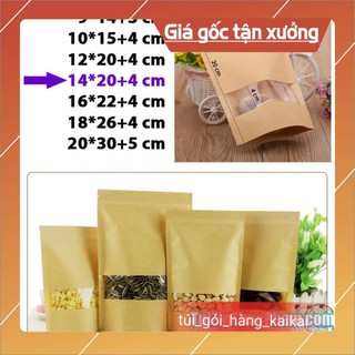 Giá xưởng 50 cái14x20+3cm Túi giấy Kraft có cửa sổ kiếng miệng zip chuyên đựng thực phẩm chất lượng cao .