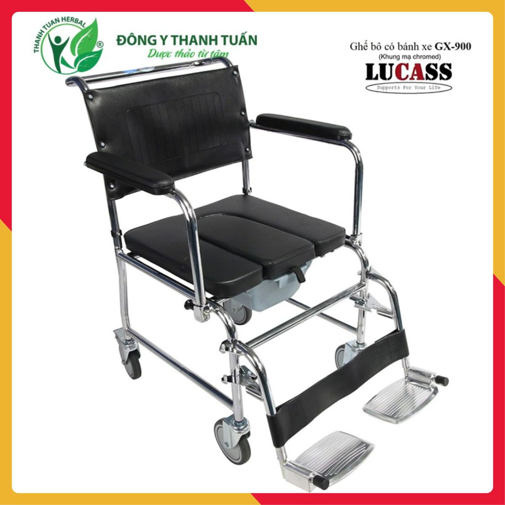 [Sẵn hàng] Ghế Bô Vệ Sinh Lucass GX-900 Có Đệm, Bánh Xe, Chỗ Gác Chân - Dùng Như 1 Chiếc Xe Lăn Đẩy Đơn Giản