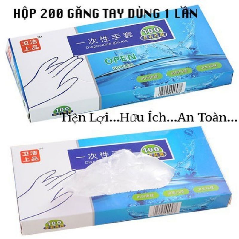 Hộp 200 Bao Tay Nilon Dùng 1 Lần Sử Dụng Chế Biến Thực Phẩm, Sử Dụng Đa Năng- Mỏng - Dai - Khó Rách