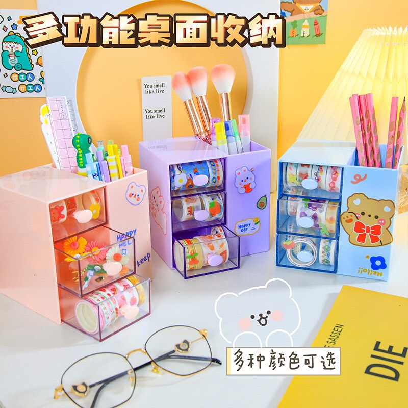 Tủ 3 Ngăn Kéo Mini Đa Năng Kèm Ống Cắm Bút Màu Sắc Dễ Thương