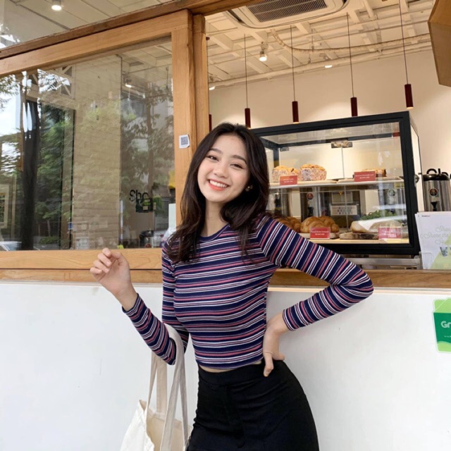 [Mã FASHIONT4WA2 giảm 10K đơn 50K] Áo len gân croptop sọc tay dài ( hình thật ) | BigBuy360 - bigbuy360.vn