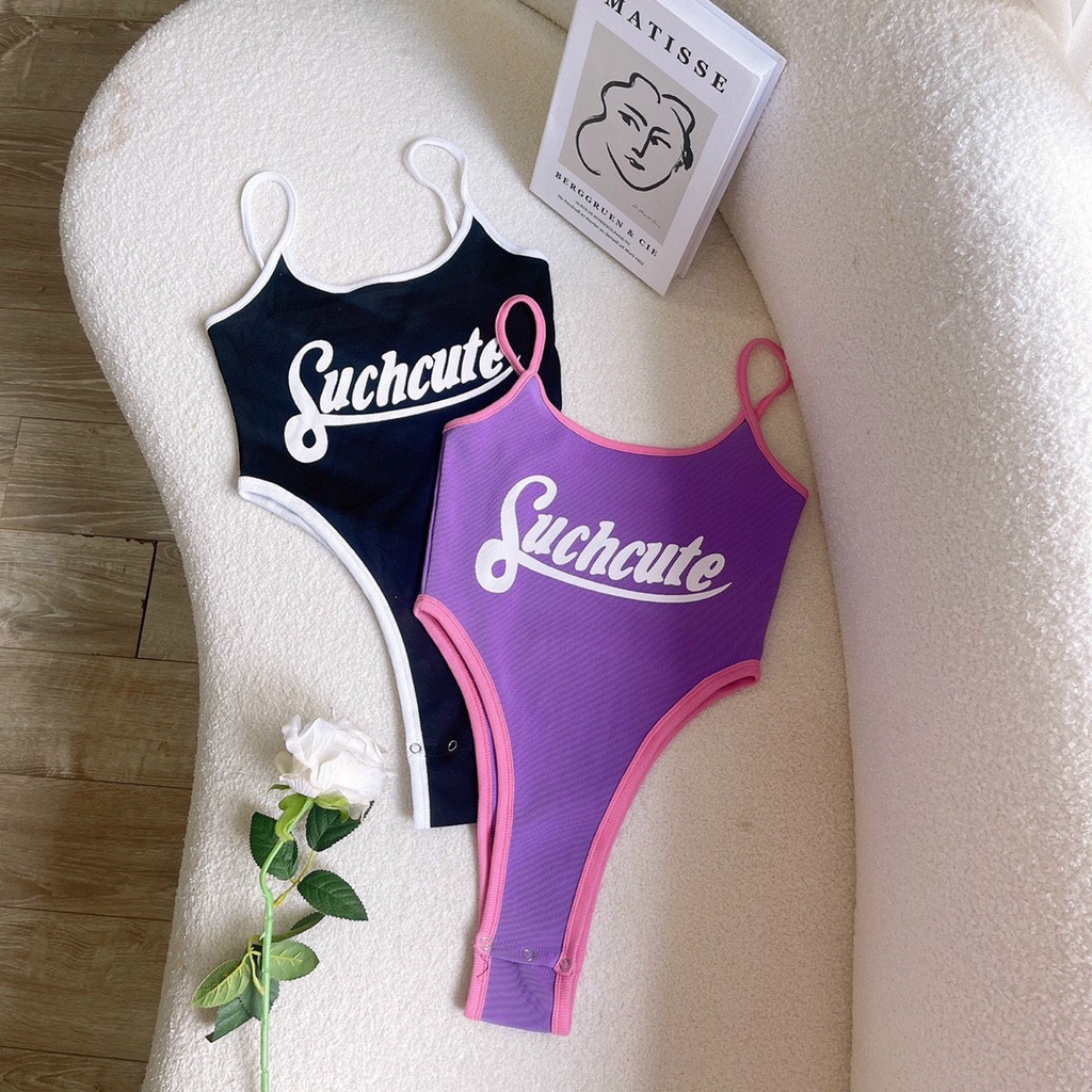 Áo thun kiểu bodysuit 2 dây viền màu chữ trước hot hit sexy đi biển đi chơi chất mát