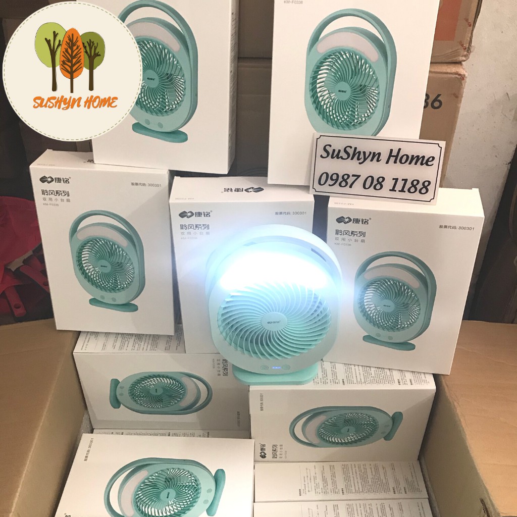 Quạt Tích Điện Tích Hợp Đèn Led KM-F0336Siêu Sáng, Chạy Êm, Pin Lâu