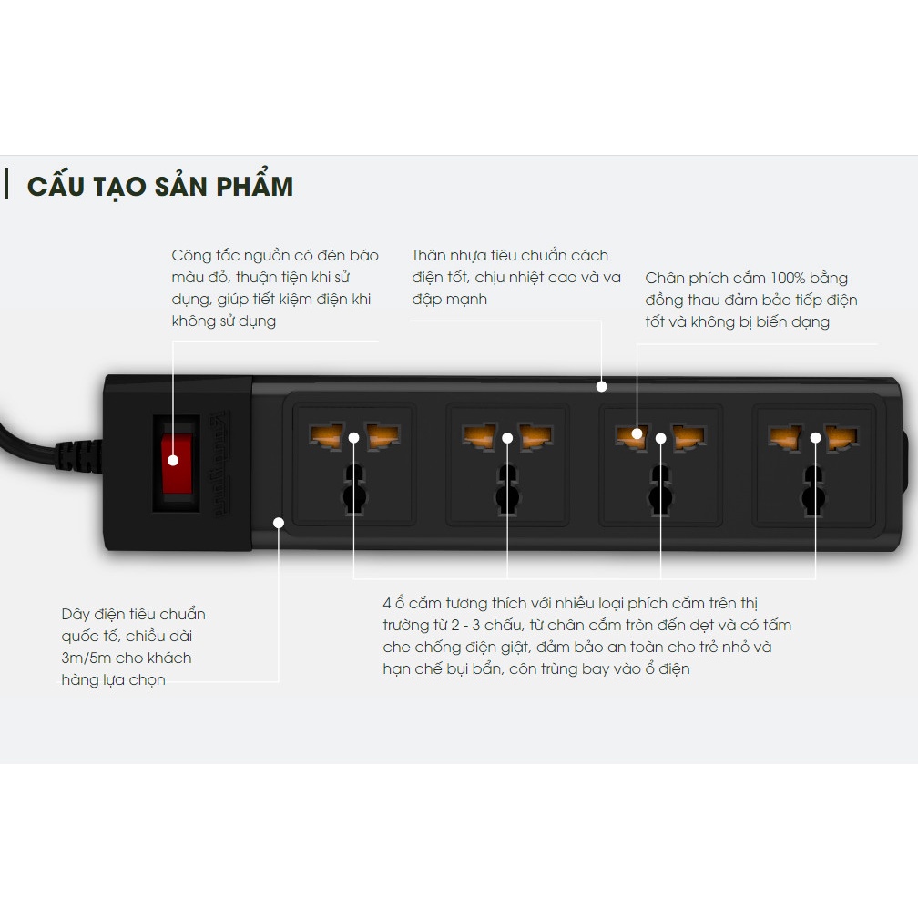 Ổ cắm đa năng 4 ổ cắm 3m OC02 4C/3M/10A chính hãng Rạng Đông, an toàn tự ngắt khi quá tải, nhựa ABS siêu bền chống cháy