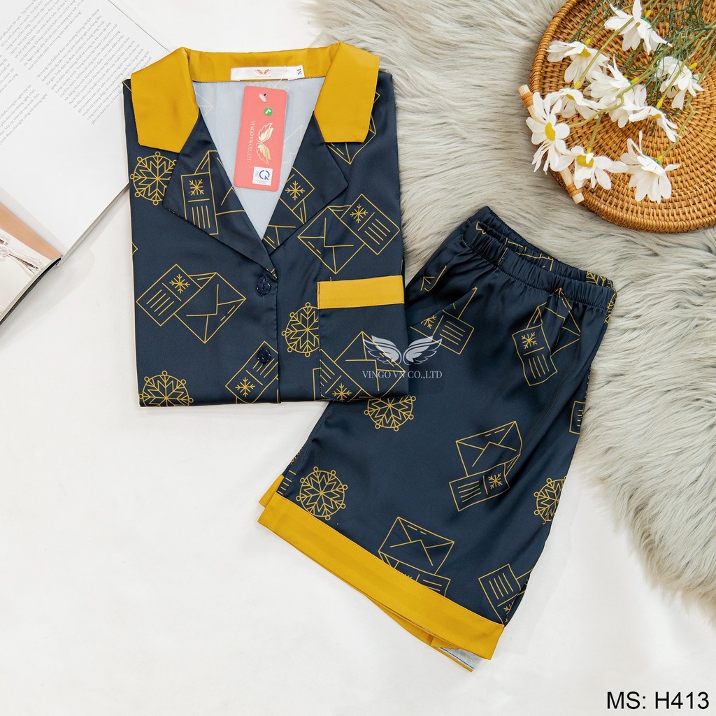 Bộ Đồ Mặc Nhà Pijama Lụa Pháp Tay Ngắn Quần Cộc Vingo Màu Xanh Than Họa Tiết Phong Thư Sang Trọng Mát Mẻ Mùa Hè H413