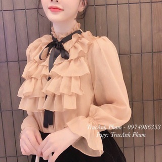 Áo sơ mi voan ngực nơ cổ bánh bèo