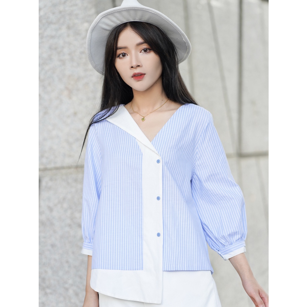 Áo cổ V trước Oversized tay phồng măng set [ZB3]