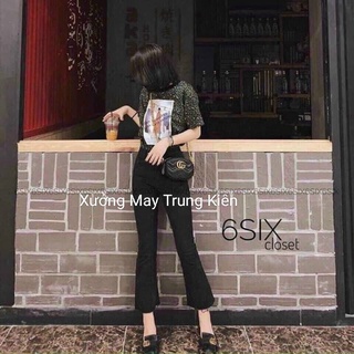 Quần jean ống loe lưng cao cắt gấu kiểu quần bò ống loe nữ màu đen đẹp