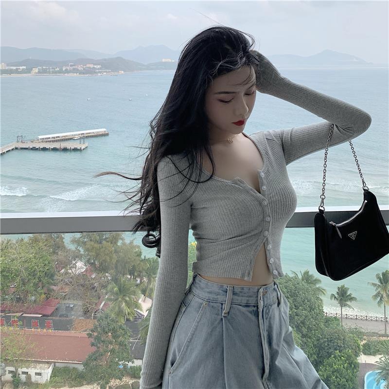 Áo thun COZOK dệt kim tay dài màu trơn thiết kế ôm sát tôn dáng