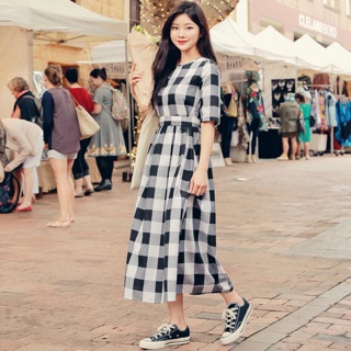 Đầm caro đen to form dài xuongvnxk