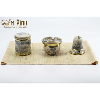 Ấm chén Bát Tràng_Bộ phụ kiện ấm chén men rạn giả cổ bọc đồng